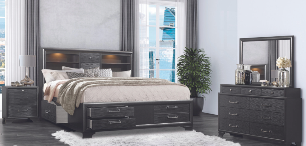 Charcoal Storage Bookcase 4-Piece Bedroom Set