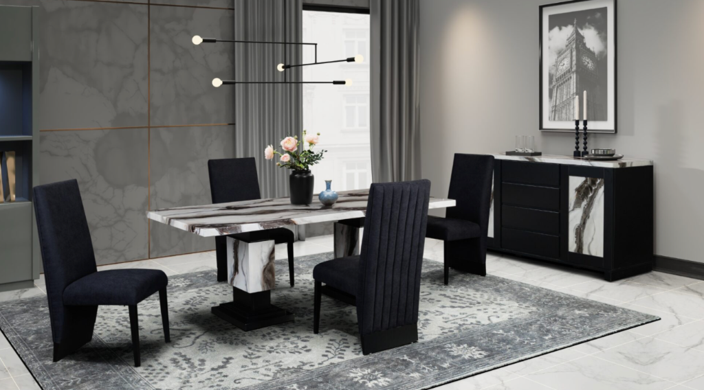 Luxury Black Veined Marble Dining Set with 4 Black Velvet Chairs