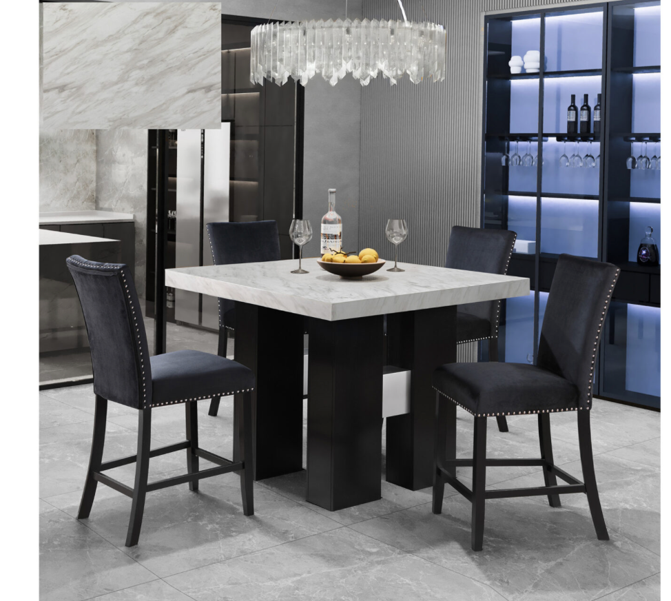 Modern Black Counter-Height Marble Dining Set with 4 Chairs