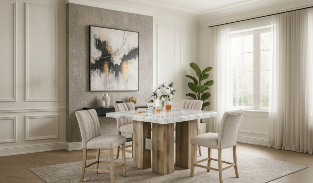 Natural Wood Counter-Height Marble Dining Set with 4 Chairs