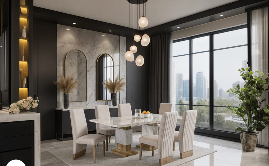 Glam Cream and Gold Veined Marble Dining Set with 4 Chairs