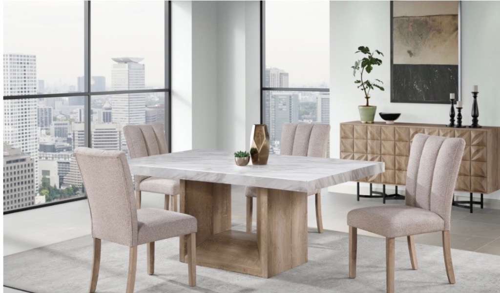 Modern Natural Wood and Marble Dining Table Set with 4 Chairs