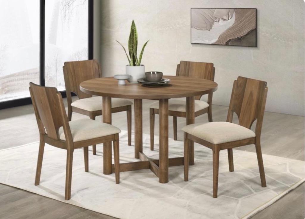 Round Walnut Pedestal Dining Set with 4 Chairs
