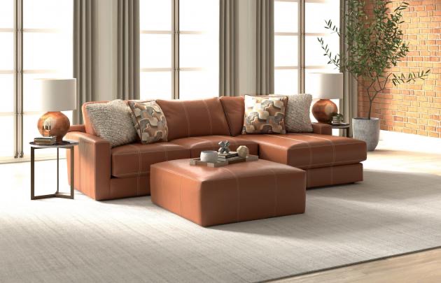 Cognac Italian Leather Sectional with Ottoman