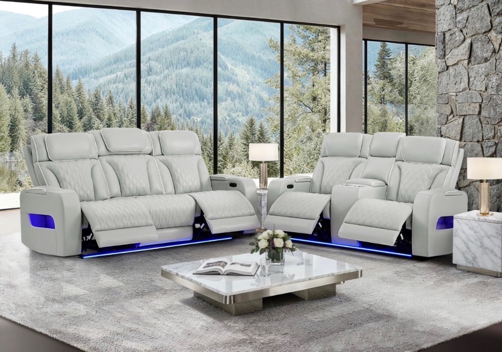 Diamond-Quilted White Power Recliner Sofa & Loveseat Suite