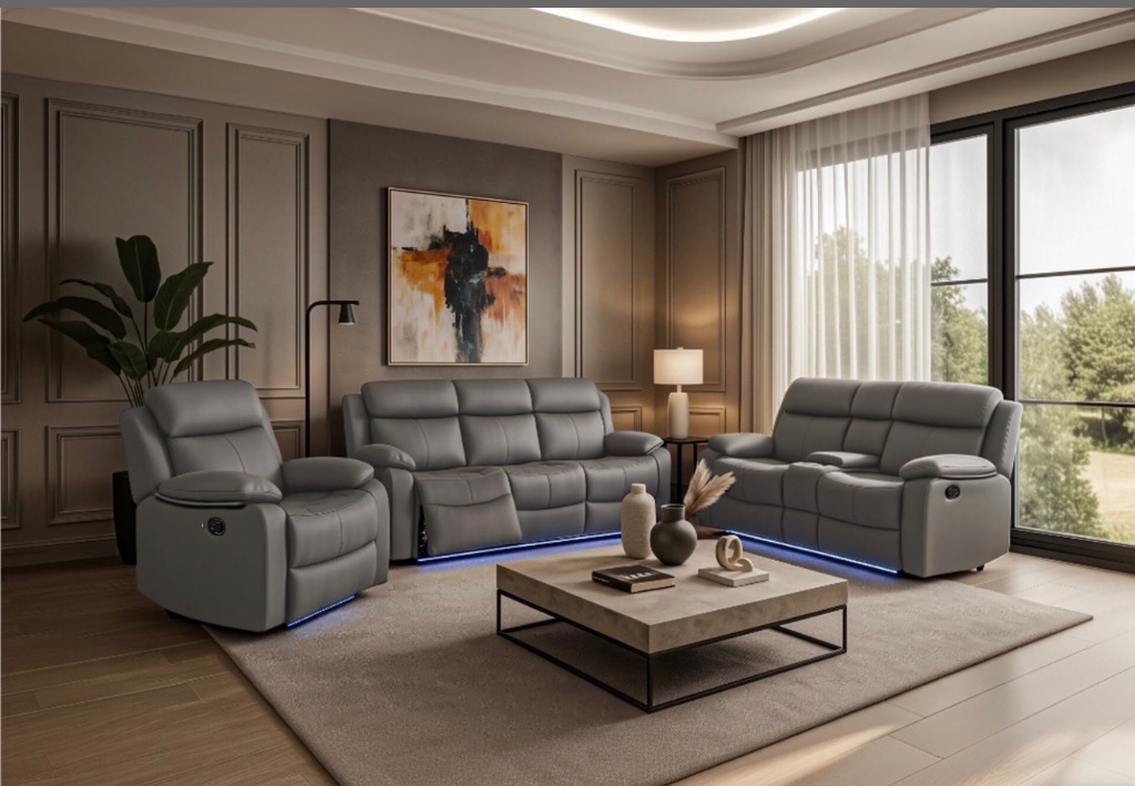 Modern Dark Grey Recliner Sofa and Loveseat with LED Lights and Speaker